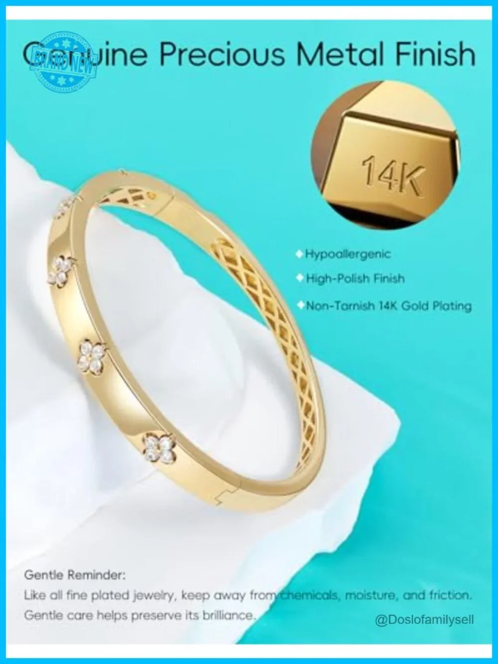 Moissanite 14K Gold Plated Clover Bangle Bracelet Hypoallergenic